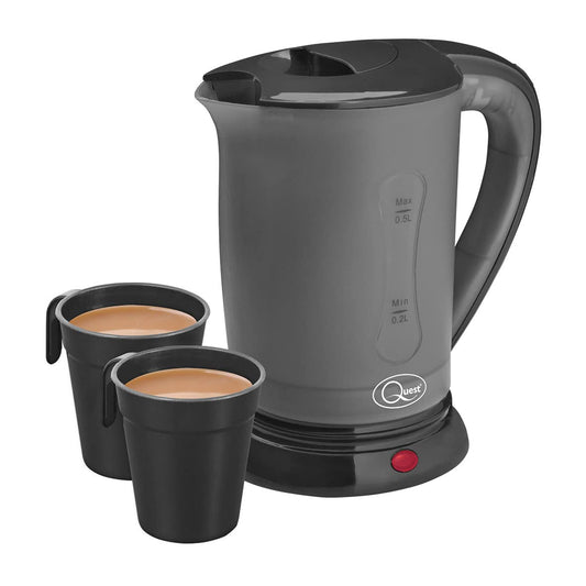 Quest Black Travel Kettle with 2 Cups | Portable & Lightweight | Dual Voltage for Worldwide Use | Safety Protection | Use in Carvans, Camp Sites and on Holiday