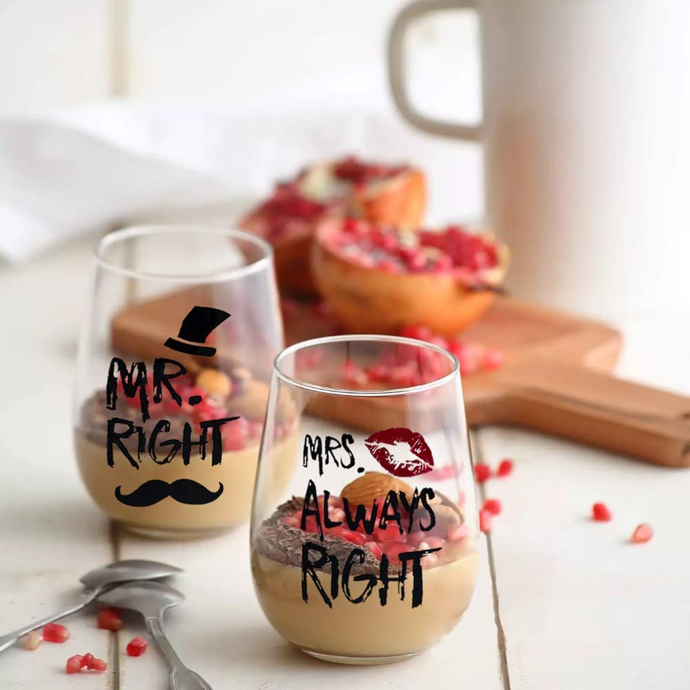 Yalucky Couple Gifts Mr. Right and Mrs. Always Right Stemless Wine Glass Set Engagement Gift Wedding Gift for Couple Golden Wedding Anniversary for Bride and Groom Valentines Gifts for Him and Her Black&red