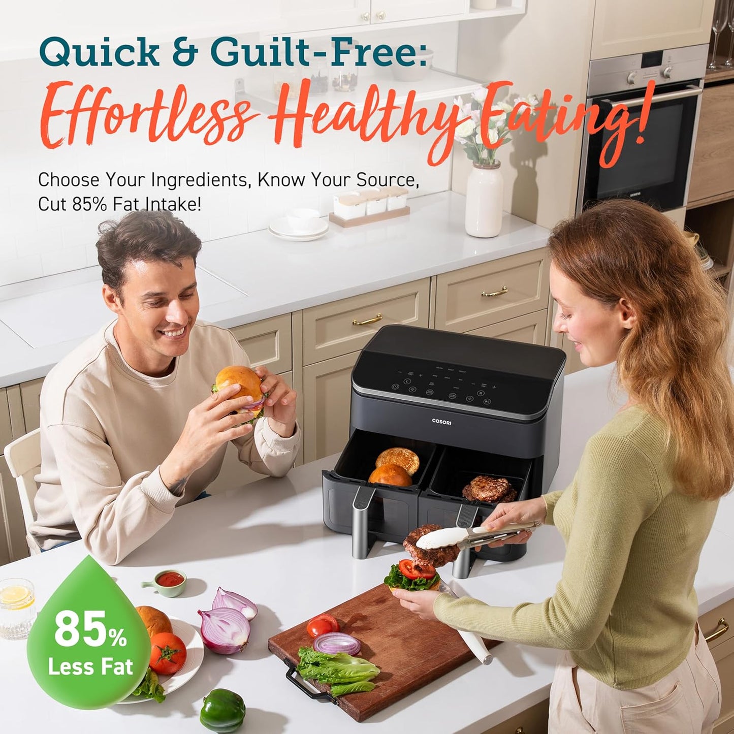 8.5L Dual Air Fryer | 8-in-1 | Sync Cook & Finish | Visible Windows | 2 Non-Stick Drawers + Accessories | Energy Efficient | 50+ Recipes | 35℃-230℃ | Dishwasher Safe