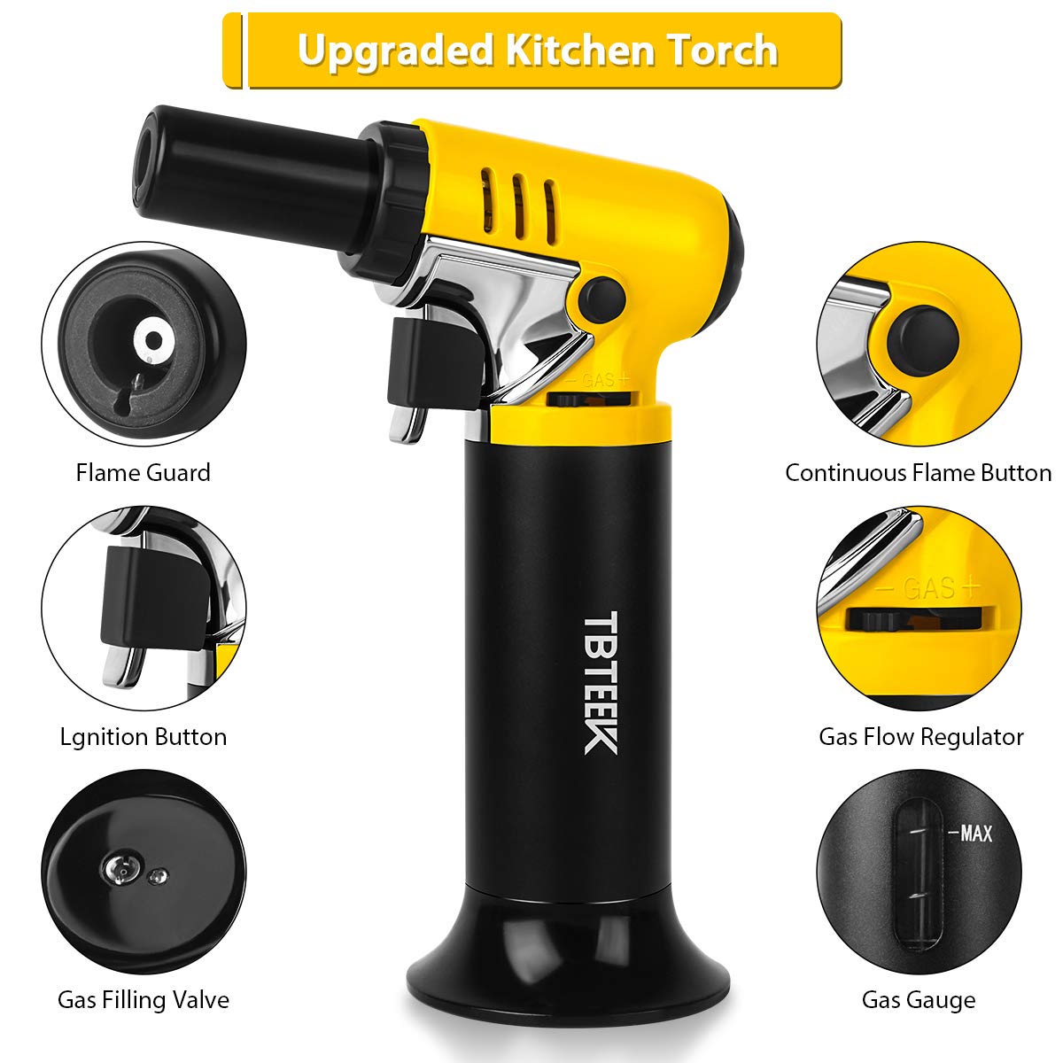 TBTEEK Kitchen Torch, One-Hand Operation Butane Torch Lighter with Gas Gauge, Adjustable Flame for BBQ, Baking, Brulee Creme, Crafts and Soldering(Butane Gas Not Included)