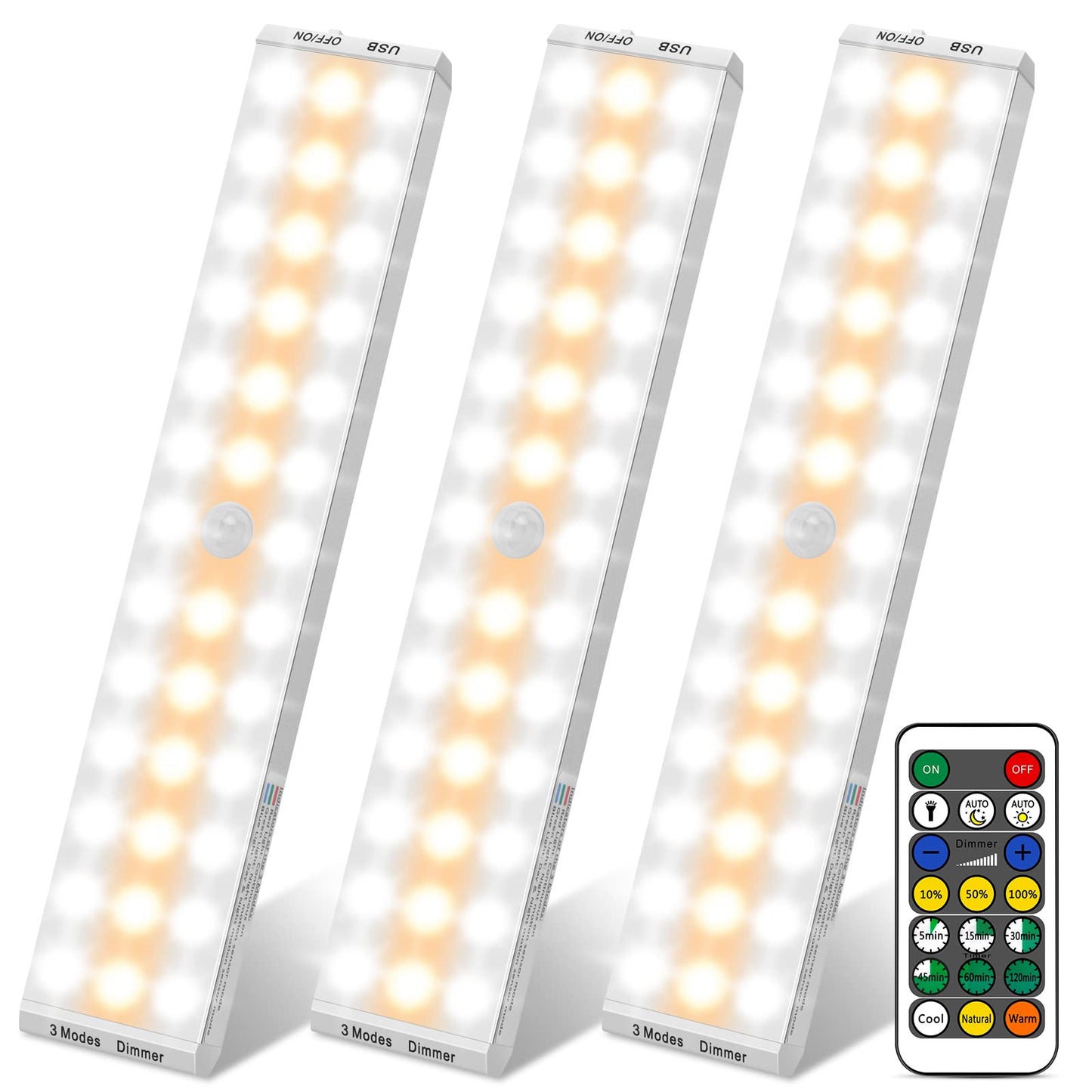 BLS Motion Sensor Light Indoor, Battery Lights with Remote Control, Upgraded 38 LEDs 1500mAh Wardrobe Lights Dimmable & Timing, USB Rechargeable Light 3 Colours Under Cabinet Kitchen Lights, 3 Packs 6500k Cool White-3 Packs