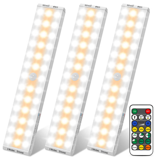 BLS Motion Sensor Light Indoor, Battery Lights with Remote Control, Upgraded 38 LEDs 1500mAh Wardrobe Lights Dimmable & Timing, USB Rechargeable Light 3 Colours Under Cabinet Kitchen Lights, 3 Packs 6500k Cool White-3 Packs