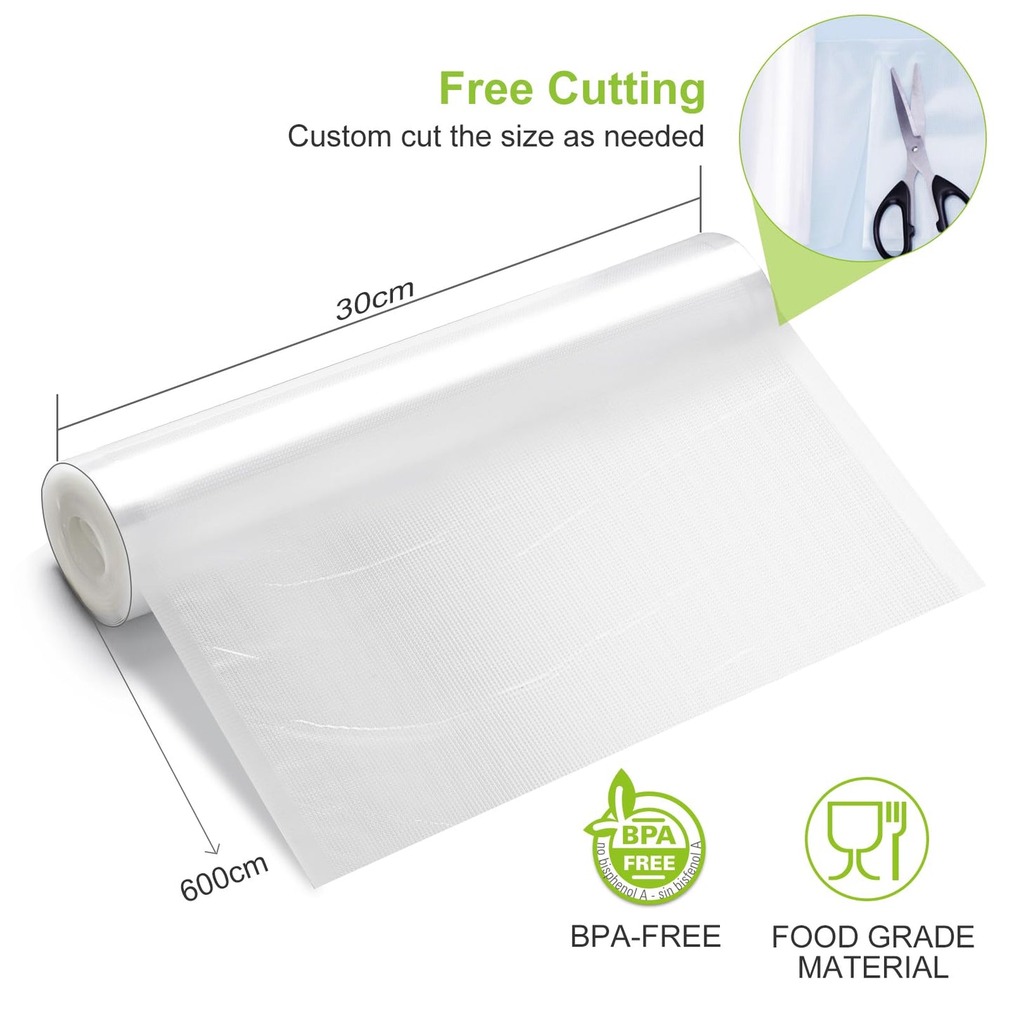 Bonsenkitchen Vacuum Food Sealer Rolls Bags, 2 Rolls 30 x 600 cm Sous Vide Bags, BPA Free, Durable Commercial Customized Size Food Bags for Food Storage and Sous Vide Cooking 2 Roll 30 X 600 Cm