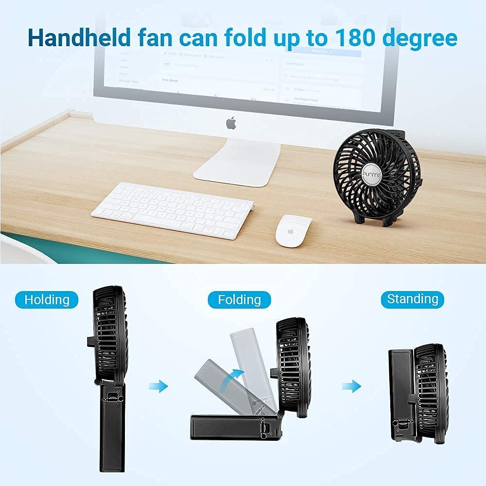 Funme HandHeld Fan Portable Hand Fan [ LIFETIME SERVICE] with 6 Blades Rechargeable Battery 3 Speeds 180° Foldable Powered Personal Mini Fan Cooling Desktop Fans for School Travel Camping Black