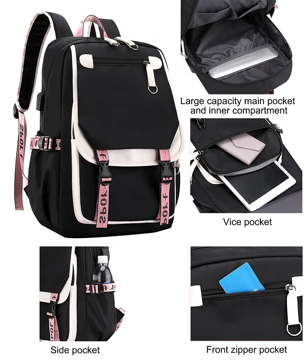 SellerFun Teenage girls' Backpack Middle School Students Bookbag Outdoor Daypack With USB charge Port 21 Liters 4# Black Pink