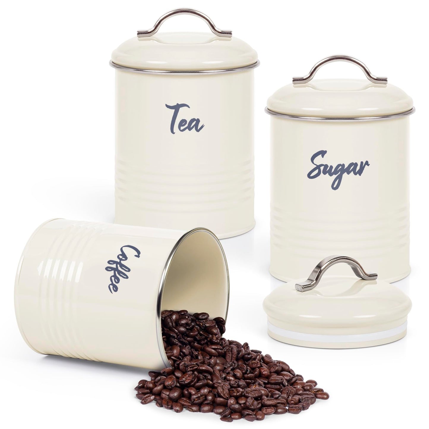 EHC Tea, Coffee, Sugar, Canister Set, Set of 3 Airtight Food Storage Easy to Open Storage Cansiters Jars Tin, Cream