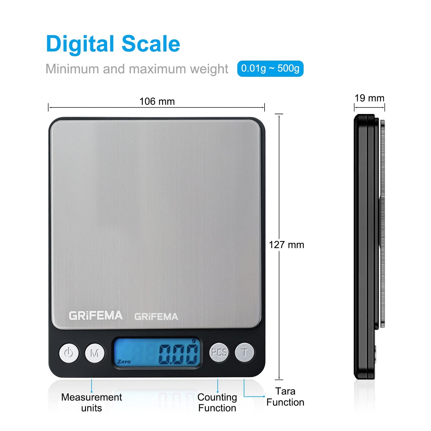 GRIFEMA GA2003 Digital Kitchen Scales with Trays, 500g/0.01g Food Weighing Scales Kitchen, Pocket Scales with Backlit LCD Display (Batteries Included) 0.01-500g Single