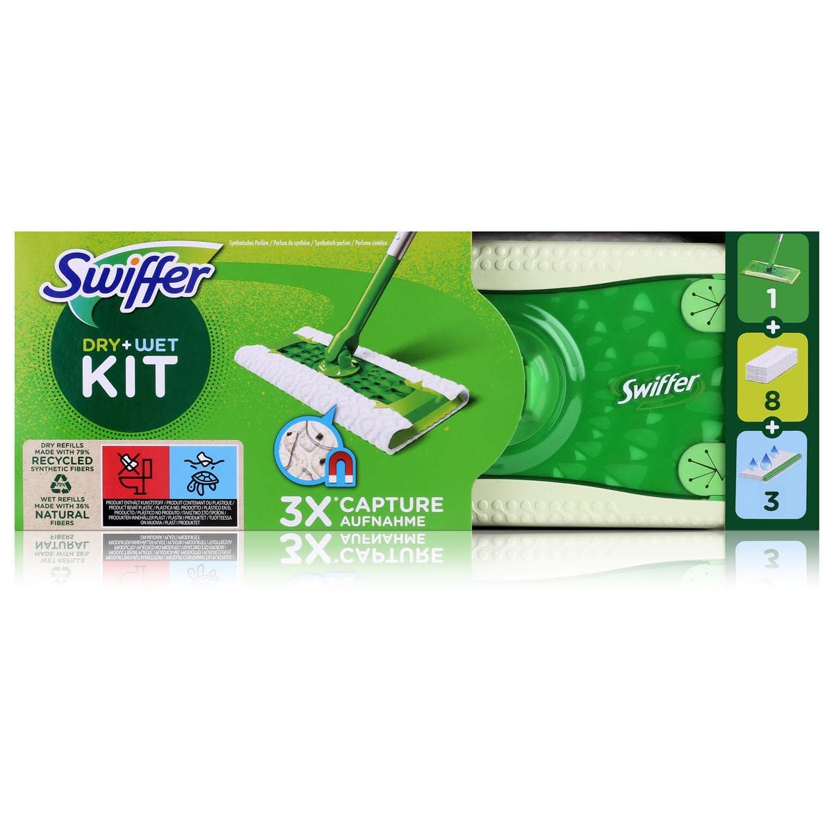 Swiffer - Starter Kit for Cleaning Floors with 1 mop, 8 Refills for Dry and 3 Wet Wipes - 1 Piece Seco