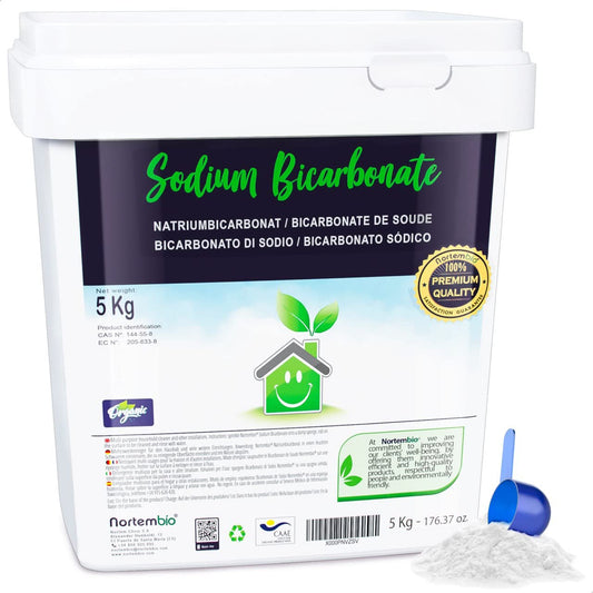 Nortembio Bicarbonate of Soda 5 Kg. Organic Input of Natural Origin. Aluminium Free Sodium Bicarbonate. E-Book with Cleaning Uses Included.