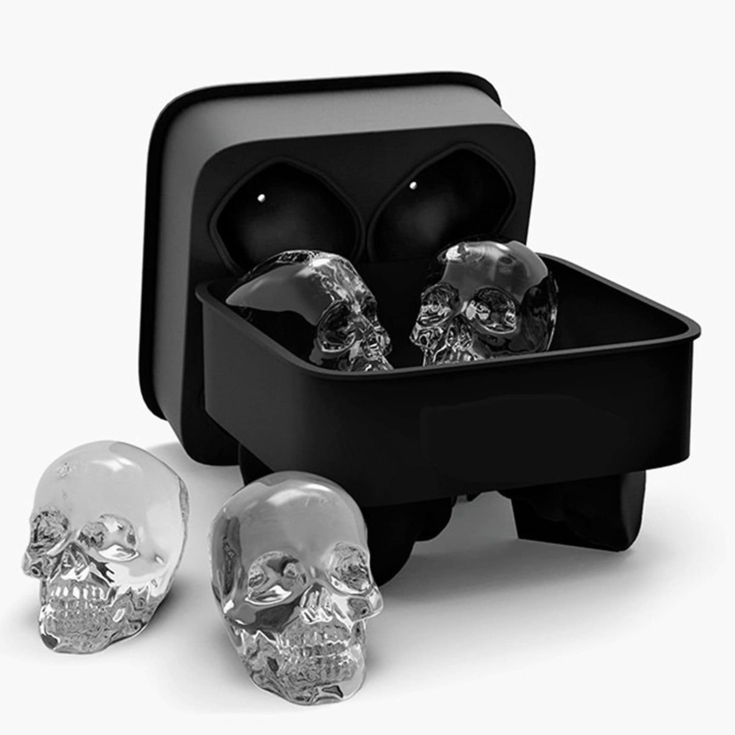 3D Skull Shape Shapes Black BPA Free Silicone Ice Cube Mold Tray with Lid Makes 4 Vivid Skulls, Perfect for Whiskey, Cocktail and Any Drink