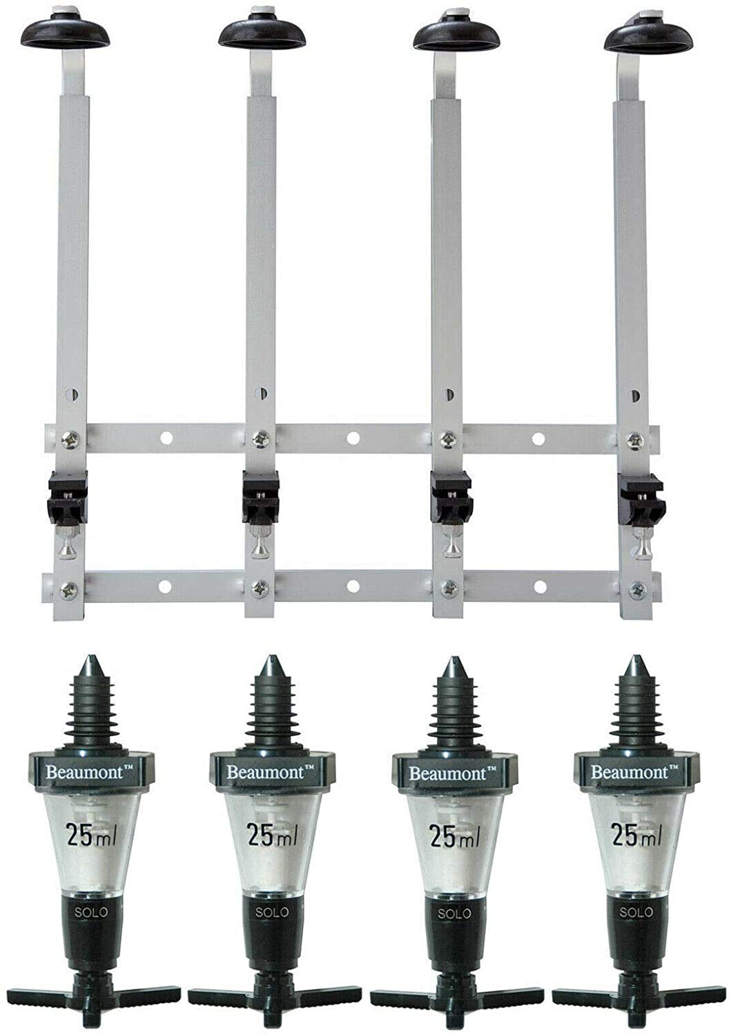 4 Bottle Wall Fixing Bottle Bracket & 4 x 25ml Beaumont Solo Optic Spirit Measure Set by Beaumont