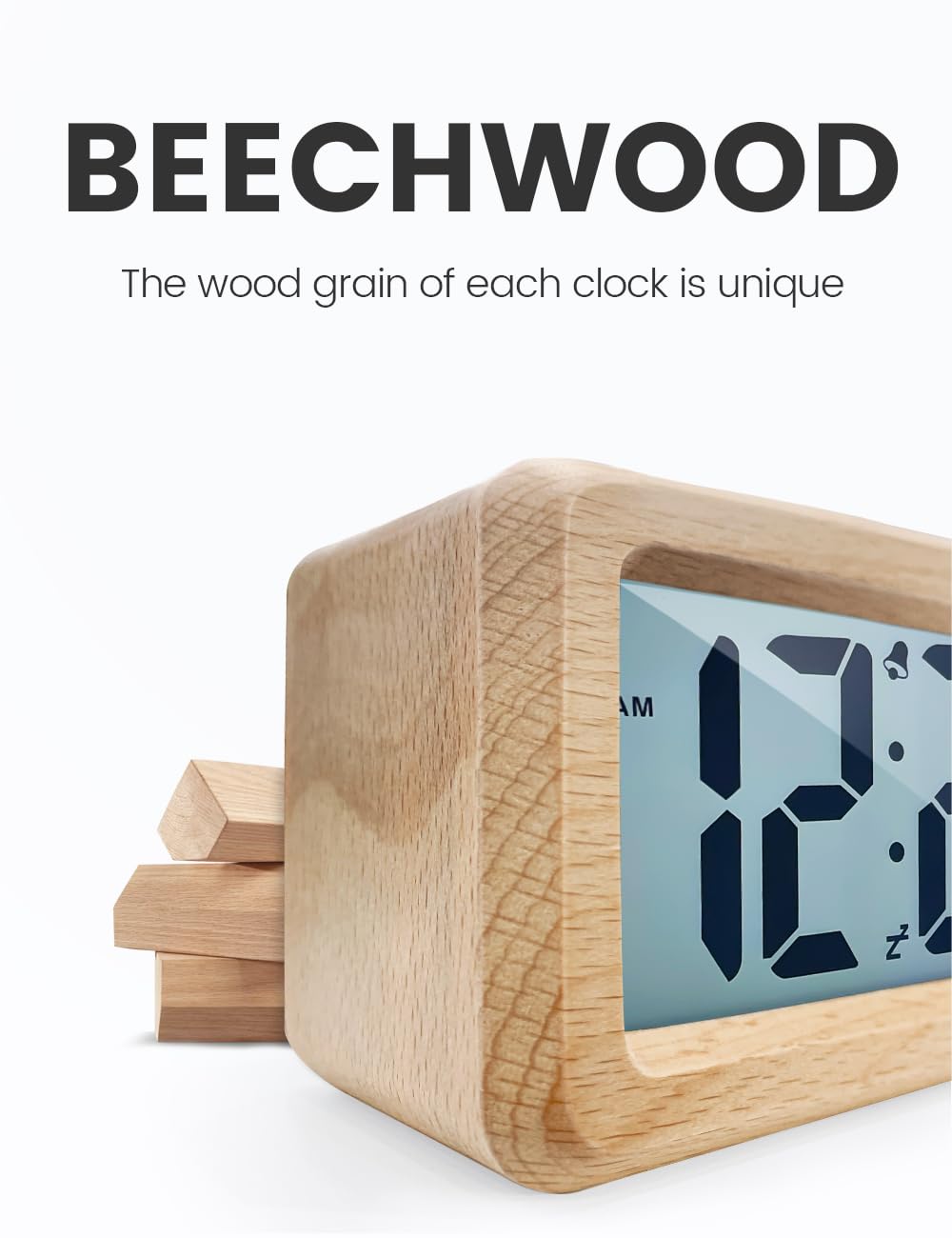 aboveClock Digital Alarm Clock, Wooden Bedside Clock with Large LCD Backlit Display, Temperature, Snooze Function, Brightness Sensor, 3 AAA Battery Operated【Battery NOT Included】 1 Beech