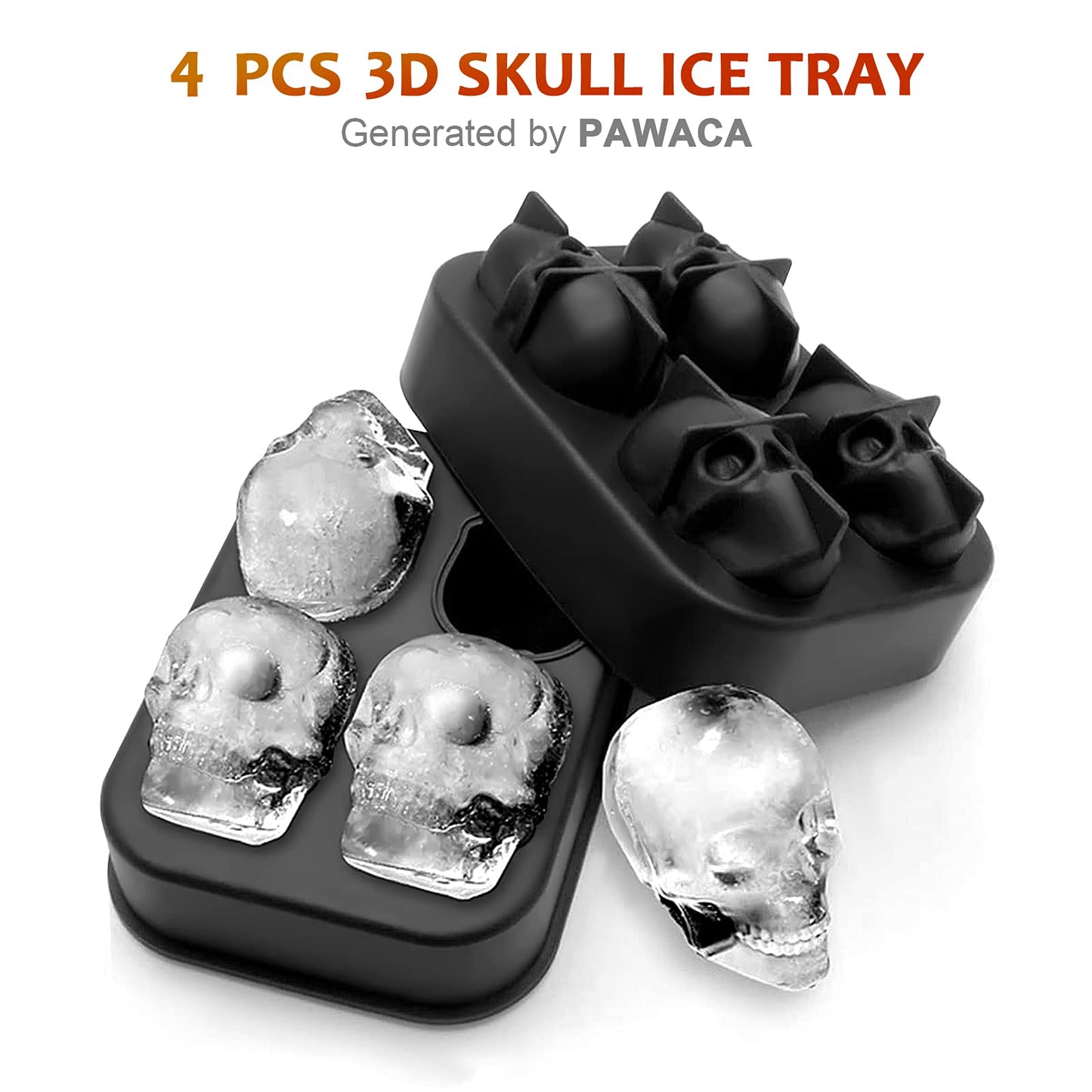 3D Skull Shape Shapes Black BPA Free Silicone Ice Cube Mold Tray with Lid Makes 4 Vivid Skulls, Perfect for Whiskey, Cocktail and Any Drink