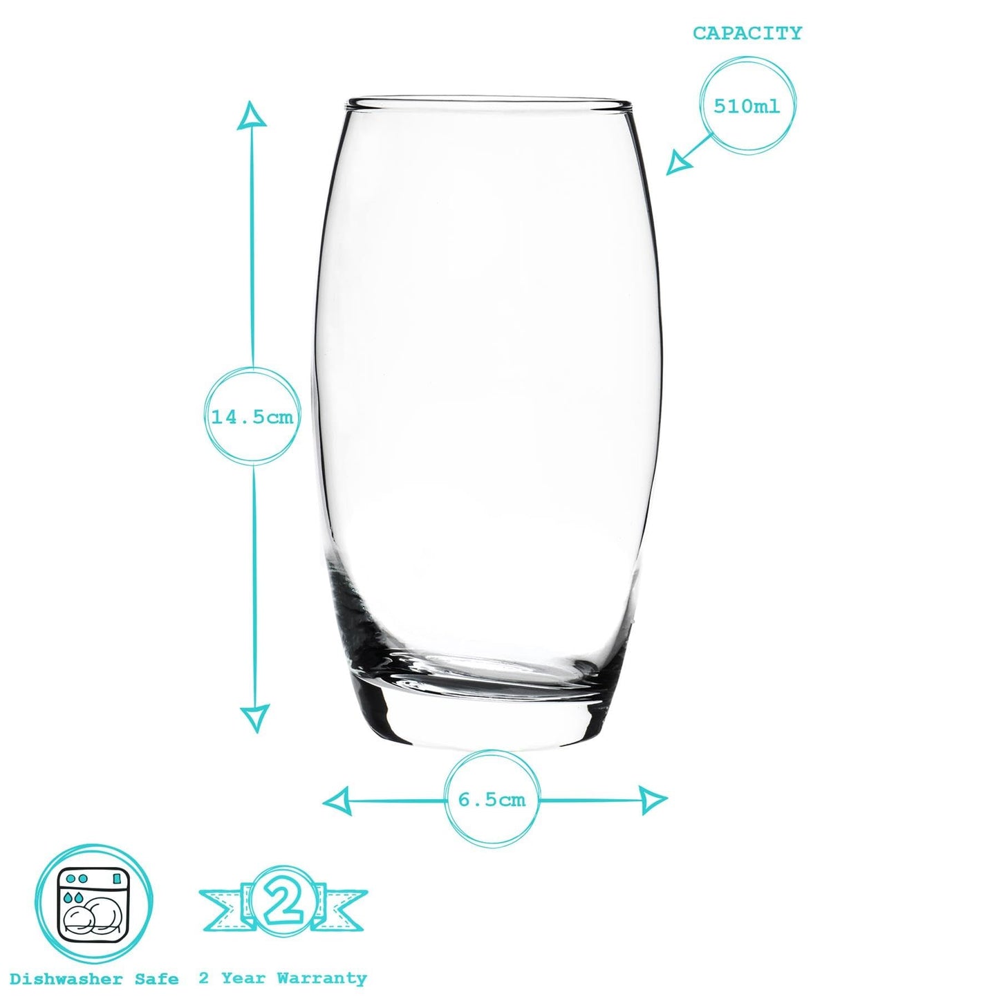 6x 510ml Hiball Glasses - 'Tondo' Range - Modern Highball Cocktail Juice Water Tall Drinking Tumblers - Dishwasher Safe - By Argon Tableware