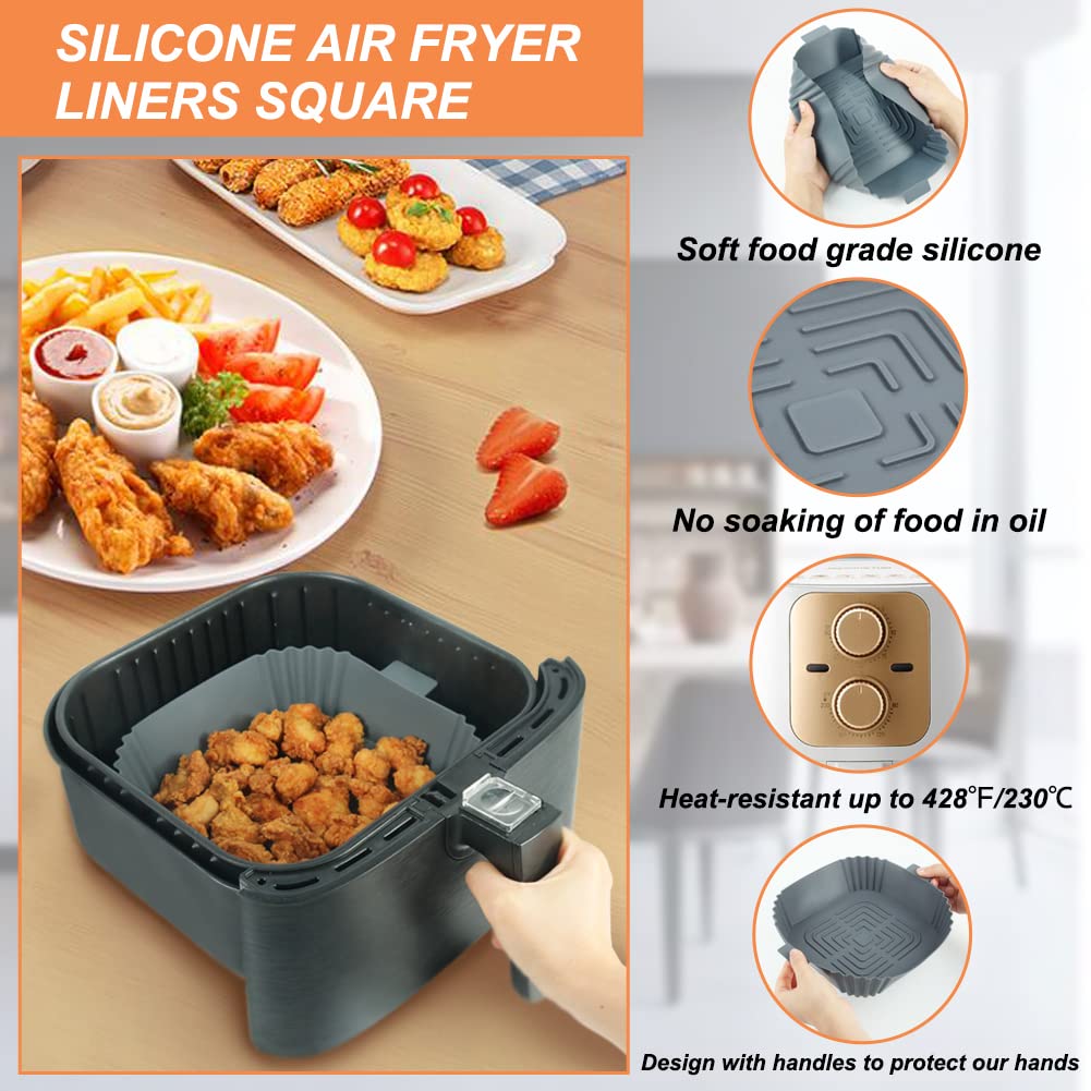 YQL Silicone Air Fryer Liner for COSORI/Tefal, 2PCS Square Air Fryer Liner 8 inch Reusable Air Fryer Accessories Air Fryer Silicone Pot for 3.5L-5.5L Gourmia, Tower Air Fryer (Inner Size: 6.5inch) Grey-2pcs