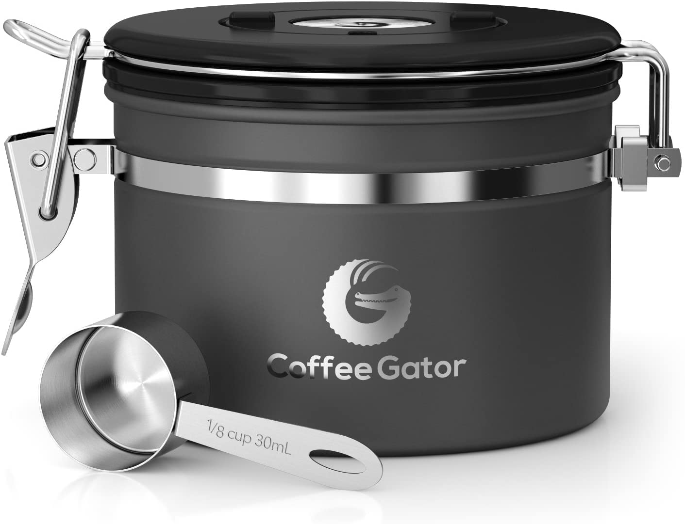 Coffee Gator Coffee Storage - Stainless Steel Tea and Sugar Containers - Canisters w/Date-Tracker, CO2 Valve for Freshness & Scoop - Small, Gray Dark Grey