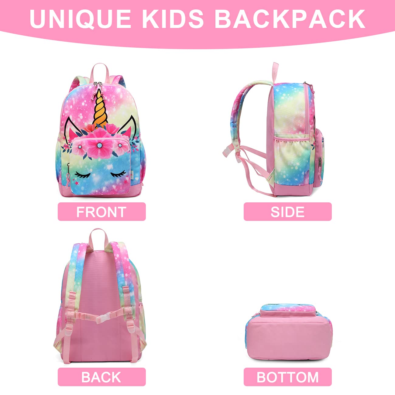 VASCHY Girls Backpack, 13L Kids Backpack Water Resistant School Bag 4-6 Years Toddler Rucksack Children's Backpack with Elastic Water Bottle Pockets for Elementary School(Rainbow Unicorn) Rainbow Unicorn