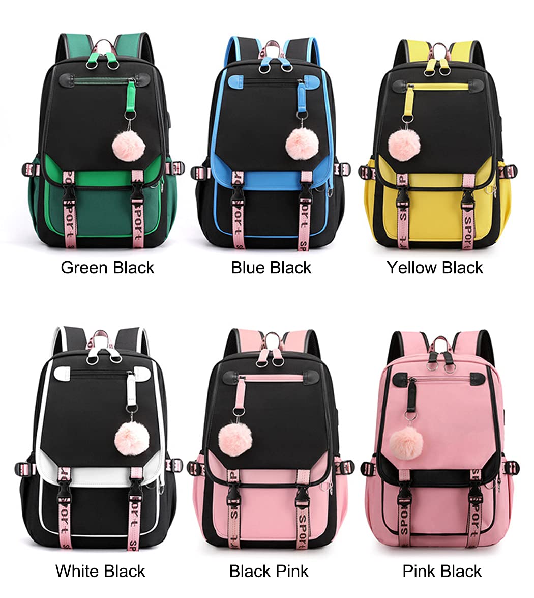 SellerFun Teenage girls' Backpack Middle School Students Bookbag Outdoor Daypack With USB charge Port 21 Liters 4# Black Pink