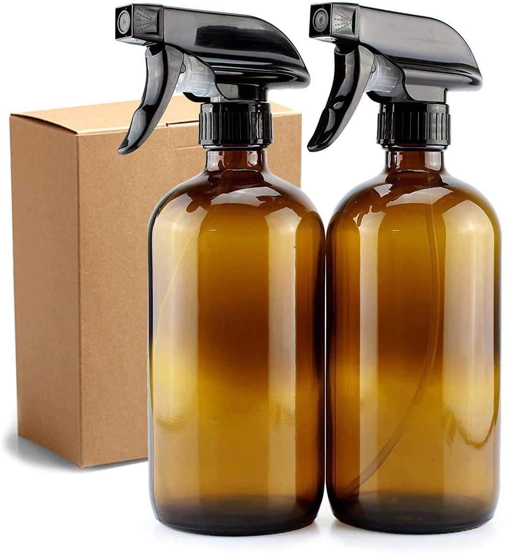 UMISKAM 2 Pcs Empty Glass Spray Bottles Refillable Container for Essential Oils,Cleaning- Durable Trigger Sprayer with Mist Stream Settings (2 * 500ML, Amber)