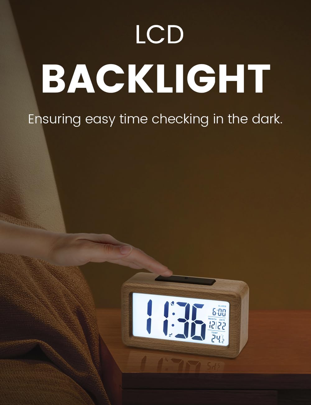 aboveClock Digital Alarm Clock, Wooden Bedside Clock with Large LCD Backlit Display, Temperature, Snooze Function, Brightness Sensor, 3 AAA Battery Operated【Battery NOT Included】 1 Beech