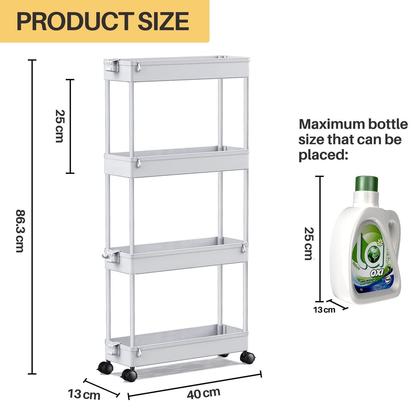 SPACEKEEPER Storage Trolley 4-Tier Slim Storage Cart Slide Out Rolling Utility Cart Mobile Shelving Unit Trolley Organizer Cart for Kitchen Bathroom Laundry Office, Plastic,Grey Gray