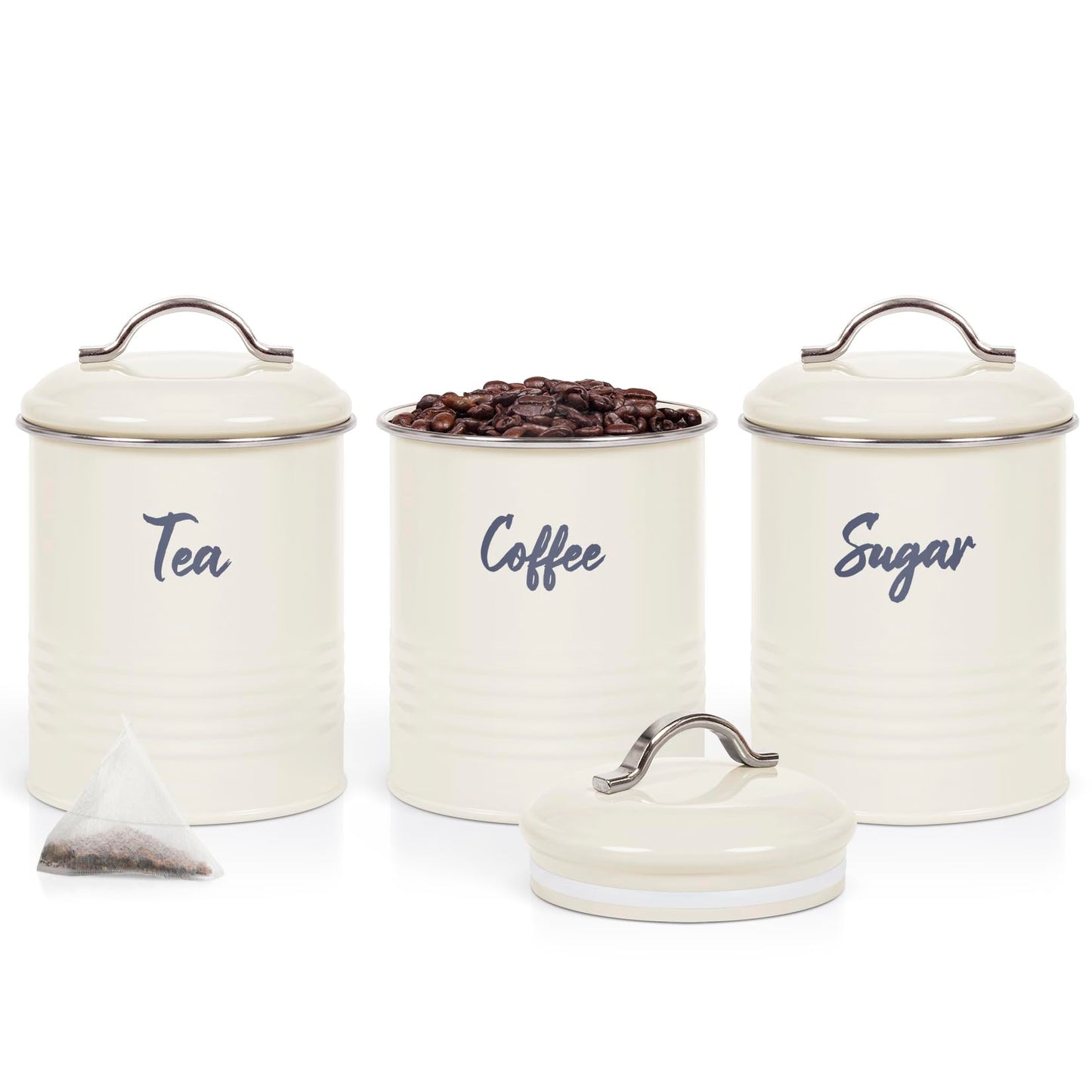 EHC Tea, Coffee, Sugar, Canister Set, Set of 3 Airtight Food Storage Easy to Open Storage Cansiters Jars Tin, Cream