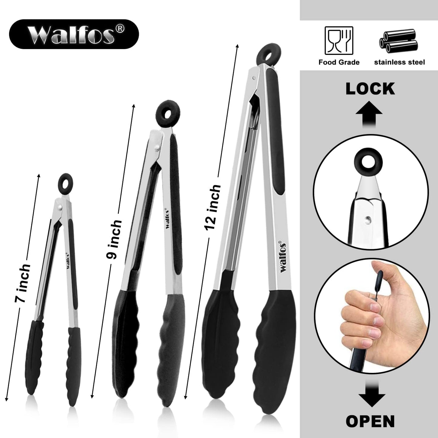 Walfos Kitchen Tongs - Heat Resistant 480℉ Silicone Tongs Set of 3, Thickened Stainless Steel and BPA Free Silicone Tips,Great for Cooking,Grilling,Turning,18cm/ 23cm/ 30cm Food Tongs (Black) 18+23+30cm Black 3pcs