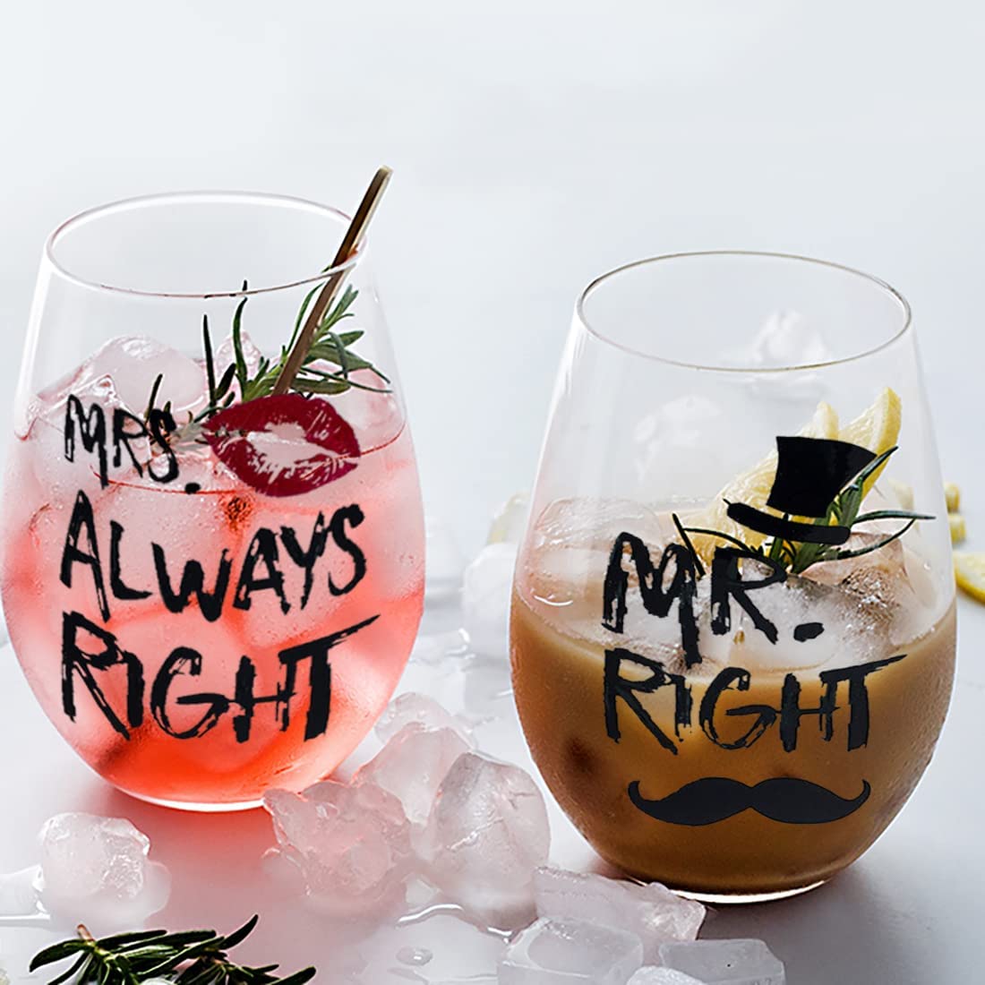 Yalucky Couple Gifts Mr. Right and Mrs. Always Right Stemless Wine Glass Set Engagement Gift Wedding Gift for Couple Golden Wedding Anniversary for Bride and Groom Valentines Gifts for Him and Her Black&red