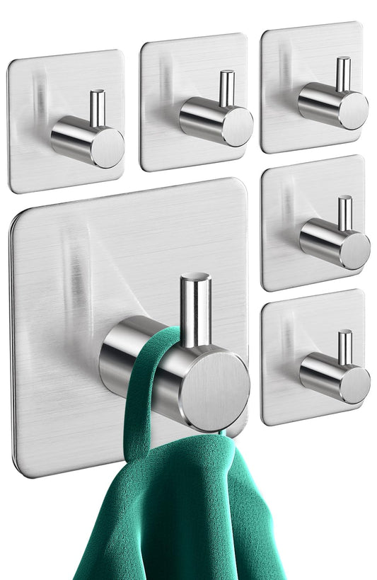 Aikzik Self Adhesive Hooks, Set of 6 Stainless Steel Hooks – Strong Stick on Hooks, Sticky Hooks for Hanging Items - Door Hooks, Coat Hooks Silver-6