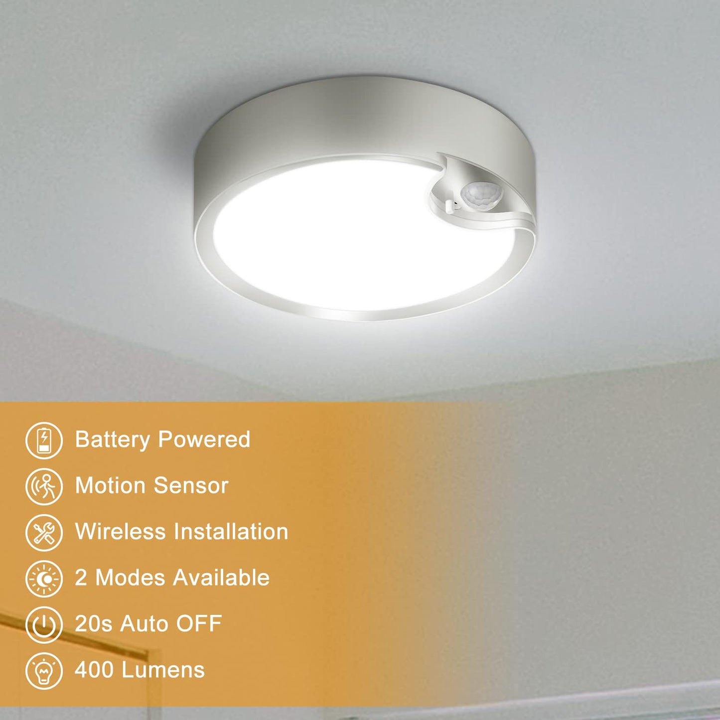 Yurnero 80 LED Motion Sensor Ceiling Light Battery Operated Ultra Bright Motion Activated Indoor Light for Shed Loft Porch Toilet Garage Stair Hallway Cupboard Daylight 400LM(Battery Not Included) Cool White