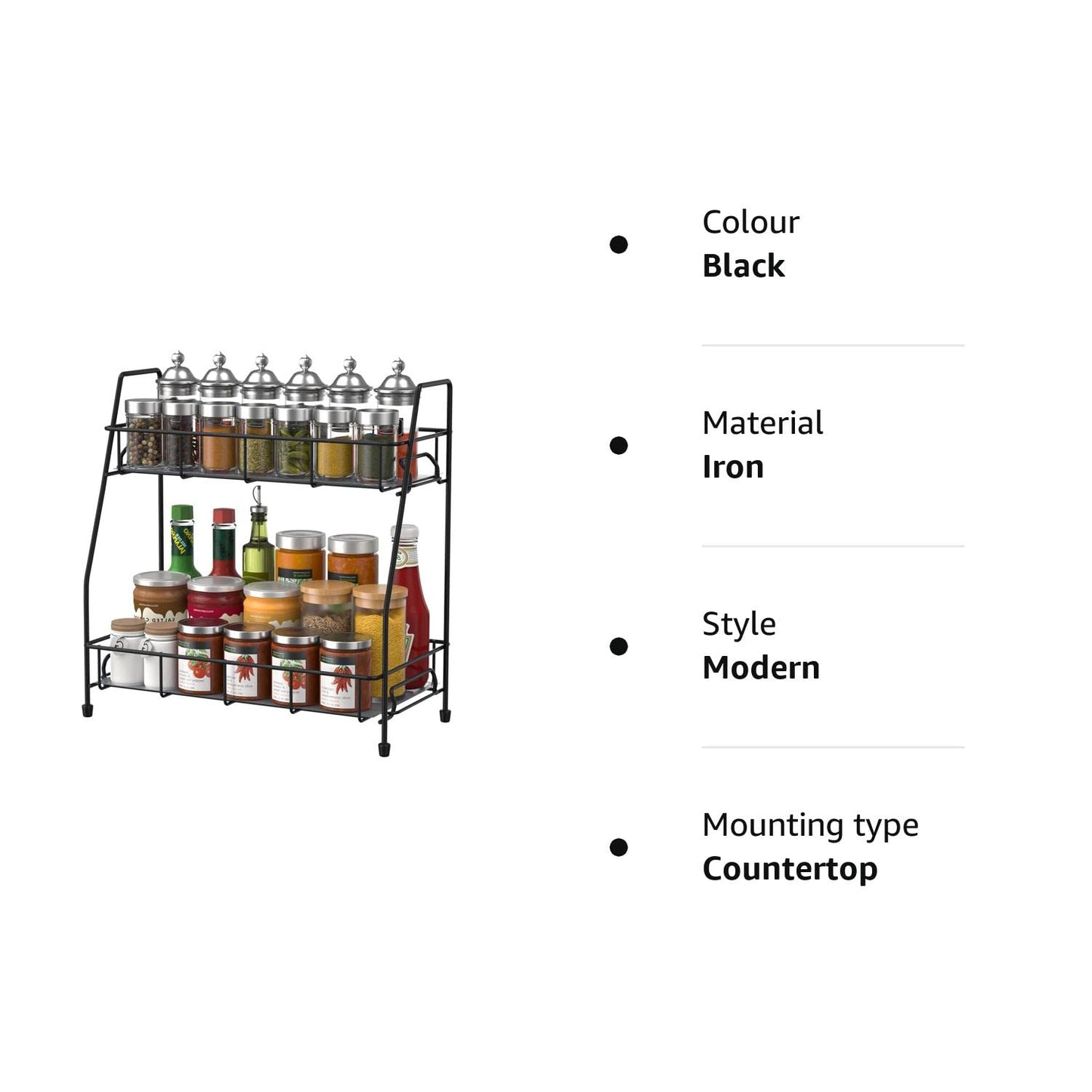 BOKIOVIN 2 Tier Spice Racks Organiser Free Standing for Kitchen Counter, Metal Bathroom Organizer Storage Rack for Countertop(Black) Black