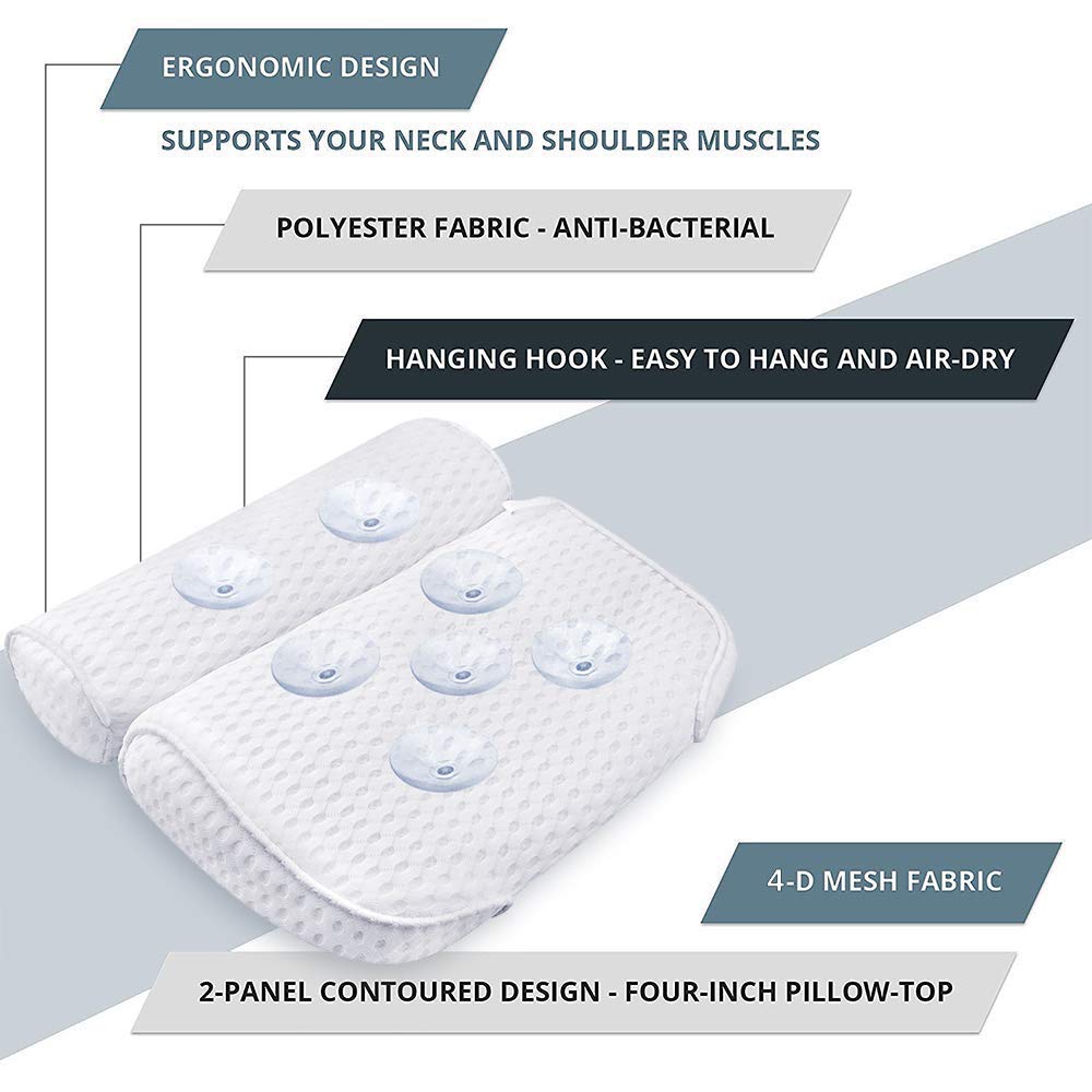 Bath Pillow with 6 Suction Cups, Bathtub Spa Pillow with 4D Air Mesh Technology, Helps Support Head, Back, Shoulder and Neck, Fits All Bathtub, Hot Tub, Jacuzzi and Home Spa