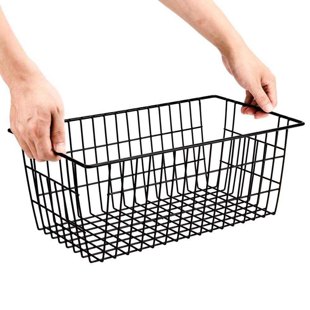 SANNO Wire Organizer Storage Bins Basket Black Farmhouse Large Organizer Bins for Fridge Storage Freezer, Office, Bathroom, Pantry Organization Storage Bins Rack with Handles-Set of 2 2pack