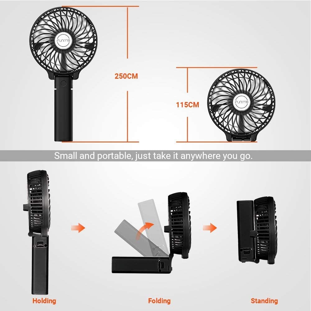 Funme HandHeld Fan Portable Hand Fan [ LIFETIME SERVICE] with 6 Blades Rechargeable Battery 3 Speeds 180° Foldable Powered Personal Mini Fan Cooling Desktop Fans for School Travel Camping Black