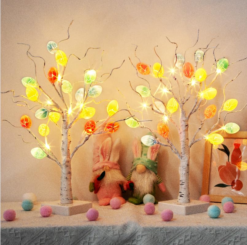 Eambrite Set of 2 Easter Decorations Eggs Tree for Home Table Decor, White Twig Tree Battery Operated with Timer, Easter Gifts for Kids and Adults (22'', 24 Warm White LED)