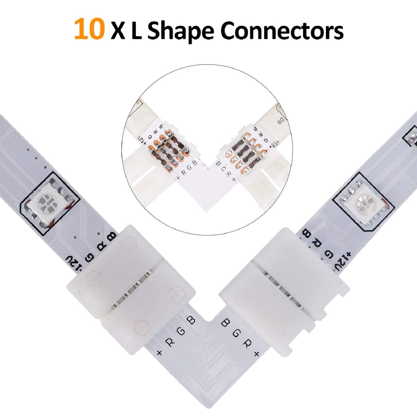 REDTRON LED Light Connector Kit, 10mm RGB LED Connector Includes 10x L Shape Connectors,2M LED Strip Light Extension Cable,4X Strip to Strip Jumpers,5X 4 Pin Male Connectors LT071,35Pcs Connectors Set