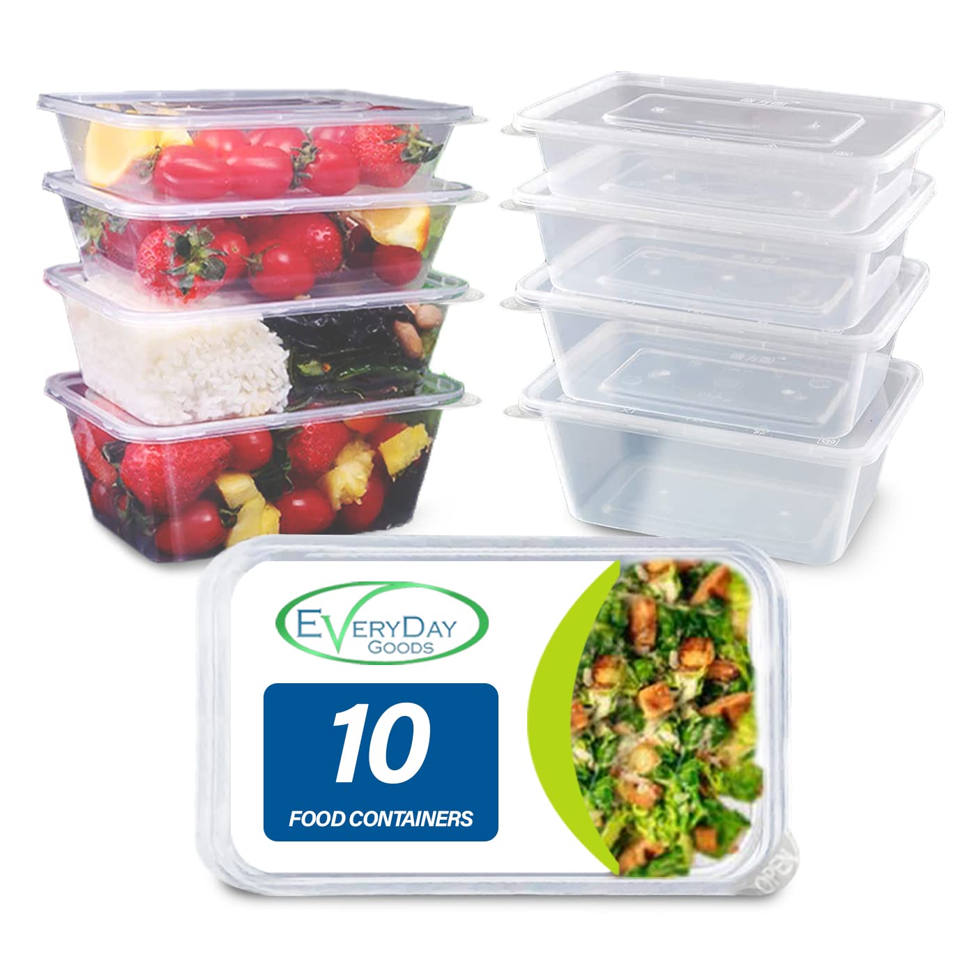 1000ml - Food storage containers - Plastic container with lids - Microwave, Freezer & Dishwasher Safe - Ideal for meal prep & takeaway tubs - Pack of 10 1000 ml