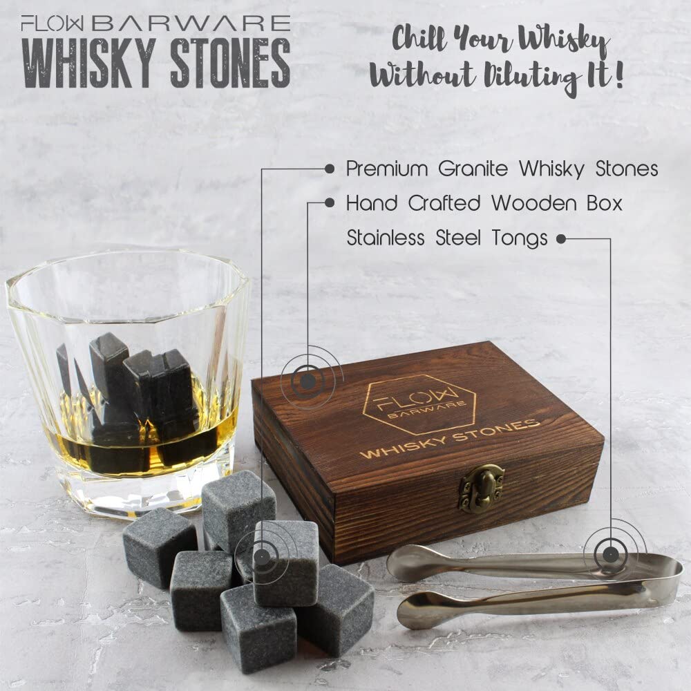 FLOW Barware Whisky Stones Gift Set | 9 Polished Whisky Stones | Whiskey Stone Gift for Dad | Whiskey Stone Gift Set with Wooden Box | Whiskey Stone with Storage Pouch | Granite