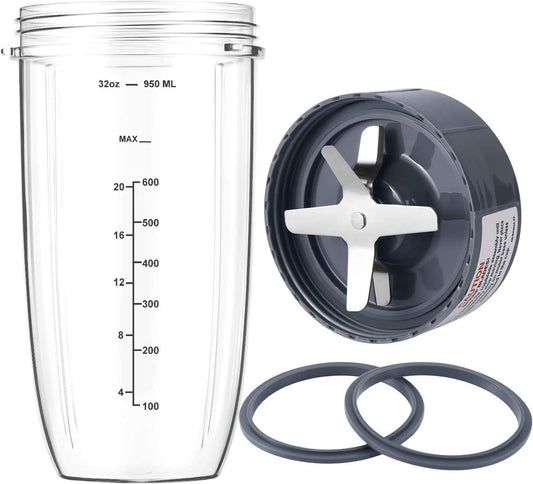 New Blender Cup and Blade Replacement Parts 32oz Cup and Extractor Blade and 2 Rubber Gaskets 4-Piece Compatible with NutriBullet High-Speed Blender/Mixer System 600W/900W Series