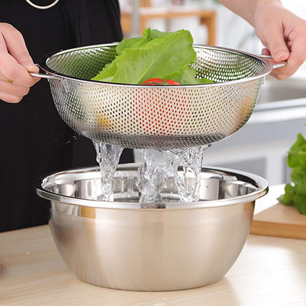 HaWare Colander Set of 3, Stainless Steel Colanders with Handle, Metal Colander Perforated Strainer for Kitchen Pasta/Vegetable/Rice/Fruit/Food - Dishwasher Safe- （16/22/28 cm）