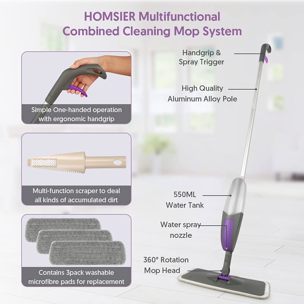 Spray Mop for Cleaning Floors - HOMSIER Microfibre Floor Mops Wet Dry Flat Mop with 550ML Refillable Bottle 3 Washable Pads Replacement, Dust Kitchen Mop for Wooden Laminate Tile Marble Hard Floors Mop-3pads