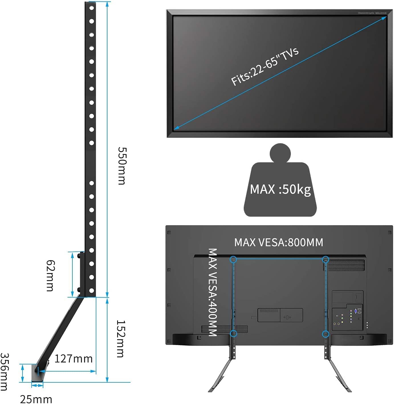 suptek Universal TV Stand, TV Leg Replacement for Most 22-65 inch LCD/LED/OLED/Plasma TVs, Adjustable Table Top TV Feet for Flat&Curved Screen, VESA up to 800x400mm, Capacity 50kgs 22"-65"