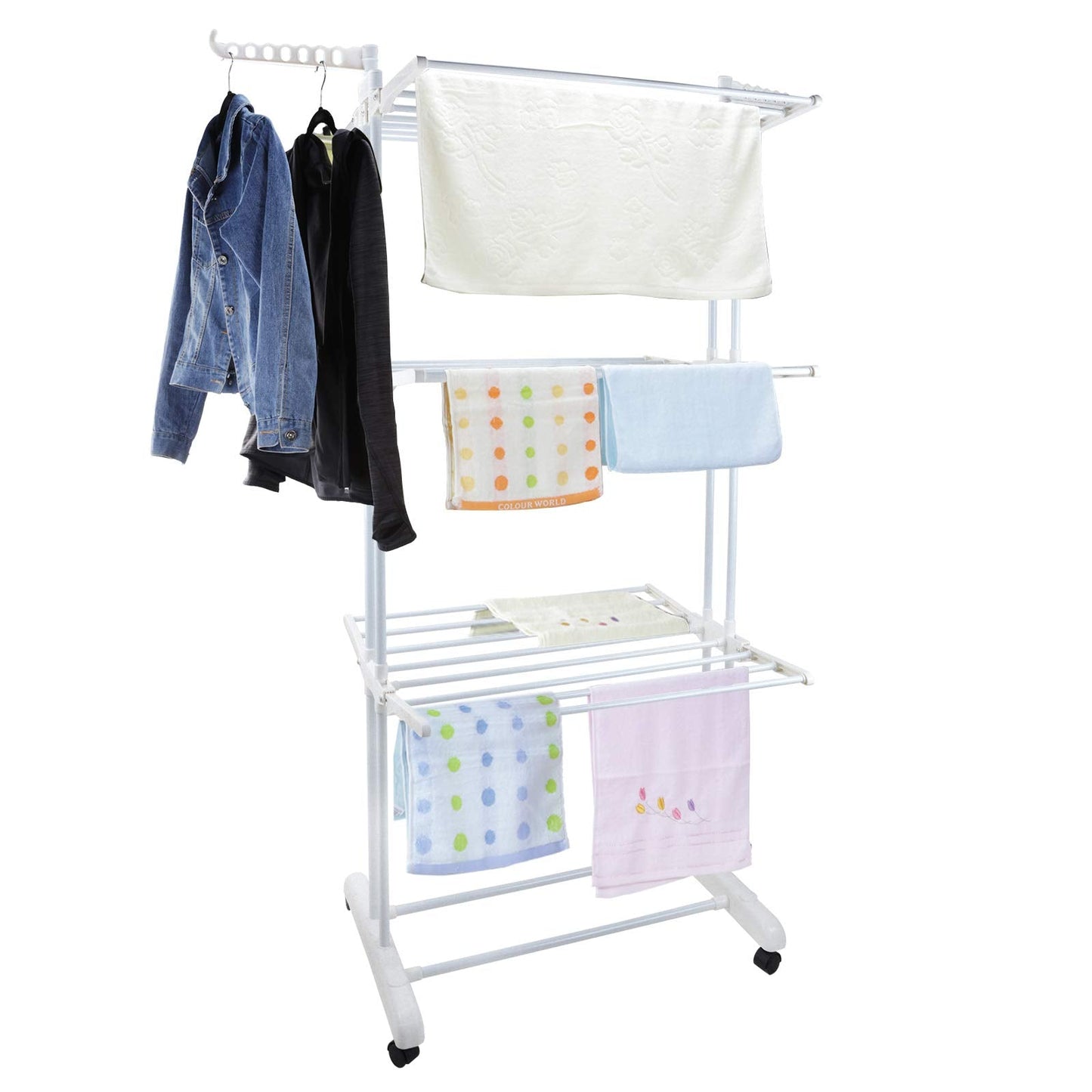 Voilamart Clothes Airer 3 Tier Foldable Laundry Drying Clothes Rack Outdoor Indoor Heavy Duty Clothing Airer Garment Dryer Stand on Wheel, White