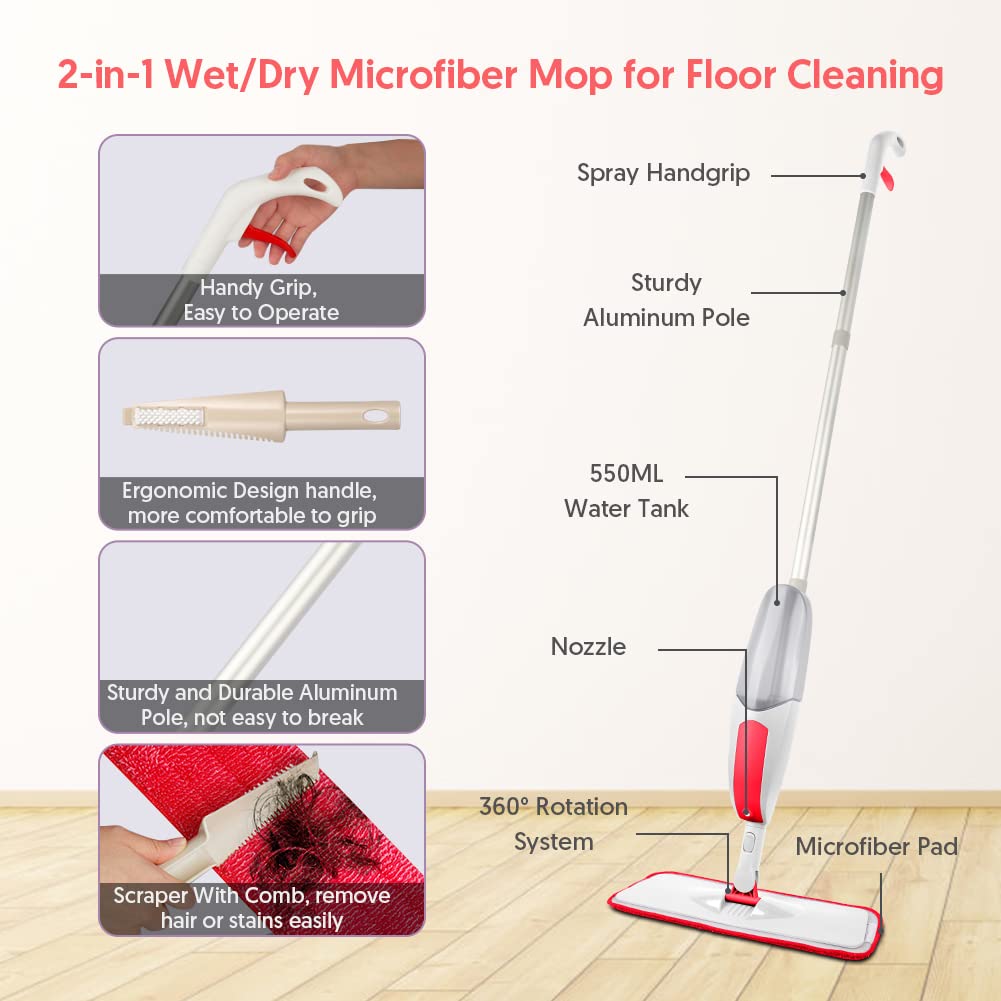 TRAV-ROUND Spray Mops for Cleaning Floors with 3pcs Washable Pads, Spray Floor Mop with 550ML Refillable Bottle Dry Wet Microfibre Flat Mop for Kitchen Wooden Hardwood Laminate Ceramic Tile B - Red Spray Mop(3 Pads+1 Bottles)