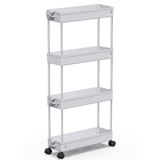 SPACEKEEPER Storage Trolley 4-Tier Slim Storage Cart Slide Out Rolling Utility Cart Mobile Shelving Unit Trolley Organizer Cart for Kitchen Bathroom Laundry Office, Plastic,Grey Gray