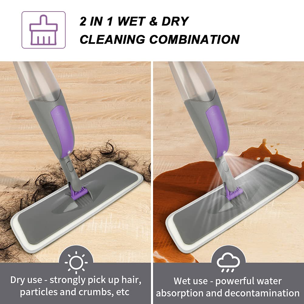 Spray Mop for Cleaning Floors - HOMSIER Microfibre Floor Mops Wet Dry Flat Mop with 550ML Refillable Bottle 3 Washable Pads Replacement, Dust Kitchen Mop for Wooden Laminate Tile Marble Hard Floors Mop-3pads