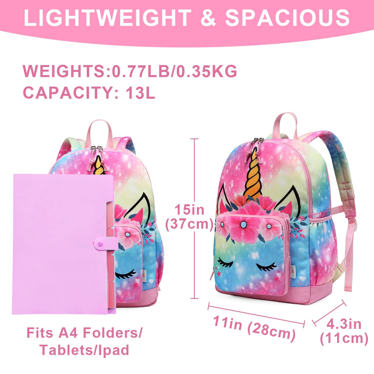 VASCHY Girls Backpack, 13L Kids Backpack Water Resistant School Bag 4-6 Years Toddler Rucksack Children's Backpack with Elastic Water Bottle Pockets for Elementary School(Rainbow Unicorn) Rainbow Unicorn