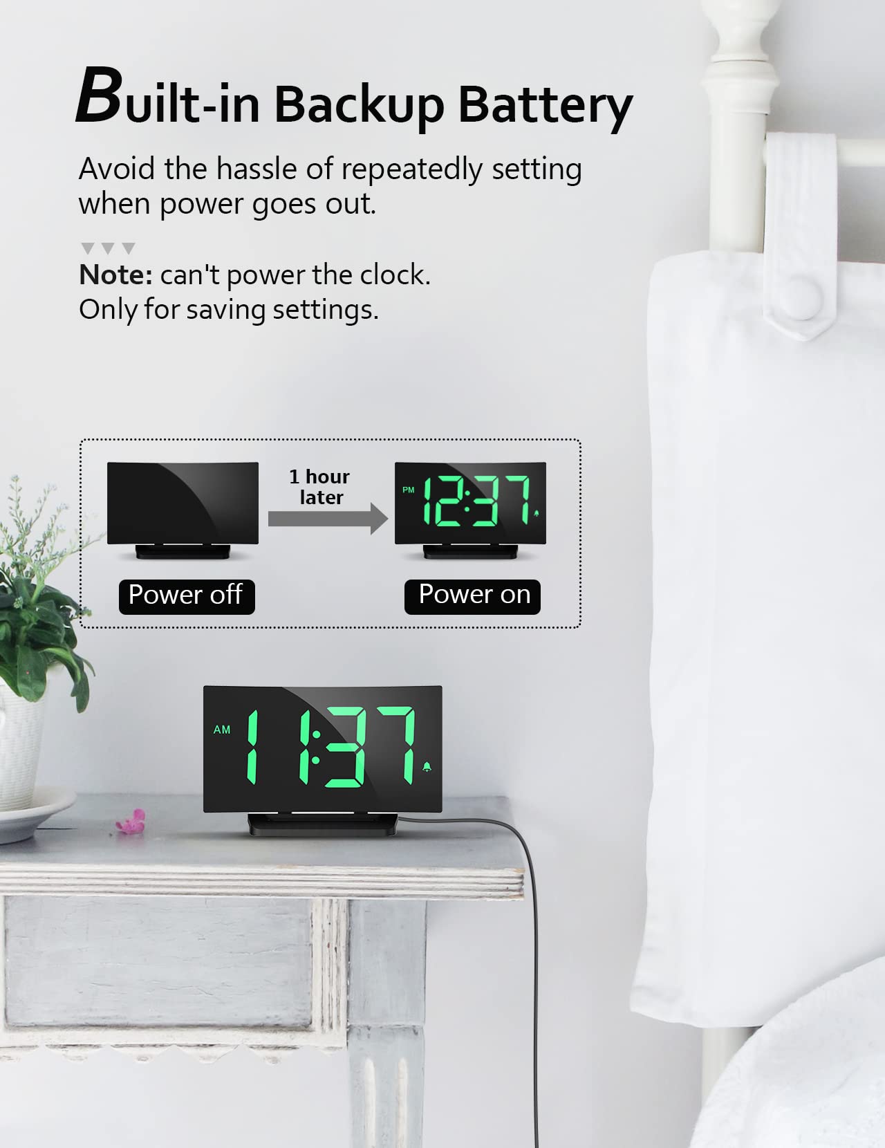 GOLOZA Digital Alarm Clock for Bedrooms, with Modern Curved Design, Conspicuous Green LED Numbers, 6 Levels Brightness, 2 Volume, 3 Tones, Snooze, Power-Off Memory, 12/24H, Bedside 3#green Digit