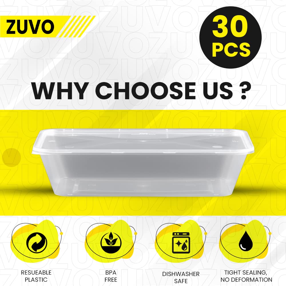 Zuvo Plastic Microwave Food Takeaway Freezer Safe- Reusable Lunch Boxes 30 Pack - Food containers And Lids 750ML