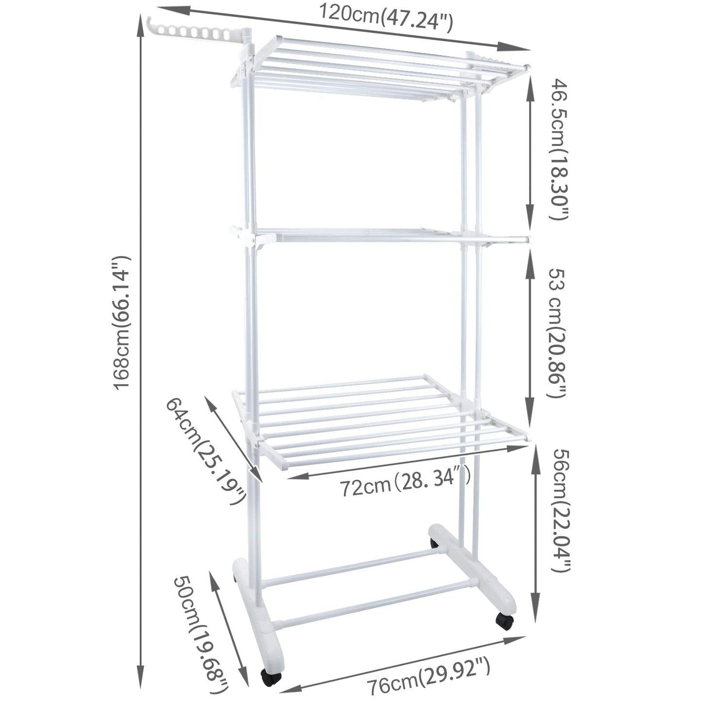 Voilamart Clothes Airer 3 Tier Foldable Laundry Drying Clothes Rack Outdoor Indoor Heavy Duty Clothing Airer Garment Dryer Stand on Wheel, White